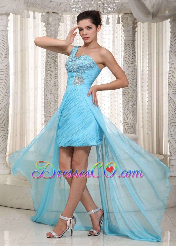 Aqua Blue A-line One Shoulder High-low Taffeta and Chiffon Beading Prom Dress