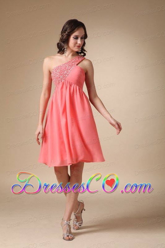 Watermelon Red A-line One Shoulder Knee-length Chiffon Beading Prom / Homecoming Dress