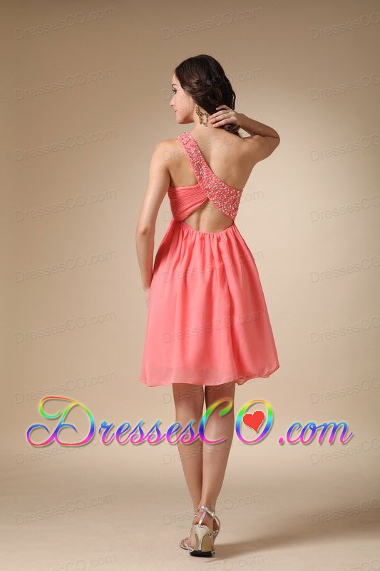 Watermelon Red A-line One Shoulder Knee-length Chiffon Beading Prom / Homecoming Dress