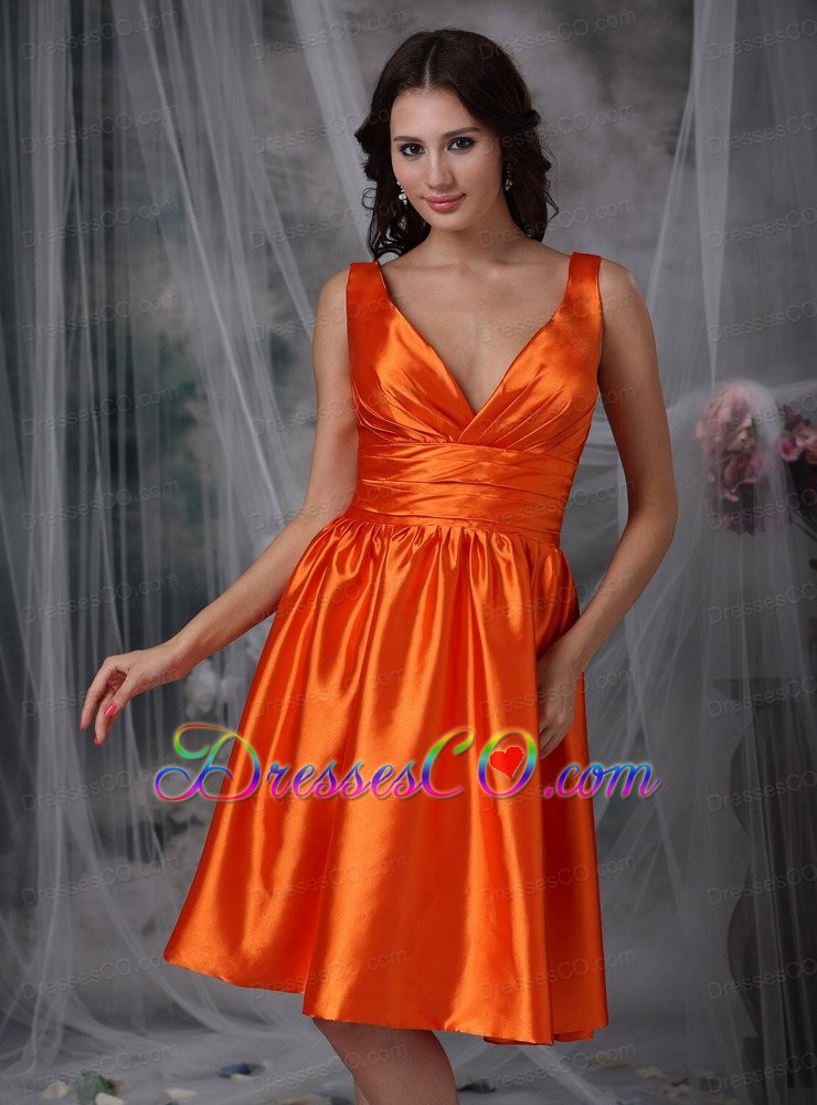 Orange Red Column V-neck Knee-length Taffeta Ruched Prom Dress