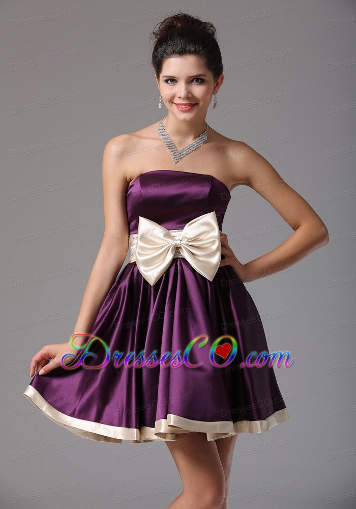 Beautiful Dark Purple Strapless Prom Dress With Sash Mini-length