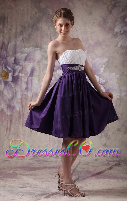 White And Purple A-line Knee-length Taffeta Beading And Ruched Prom / Homecoming Dress