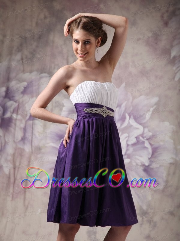 White And Purple A-line Knee-length Taffeta Beading And Ruched Prom / Homecoming Dress