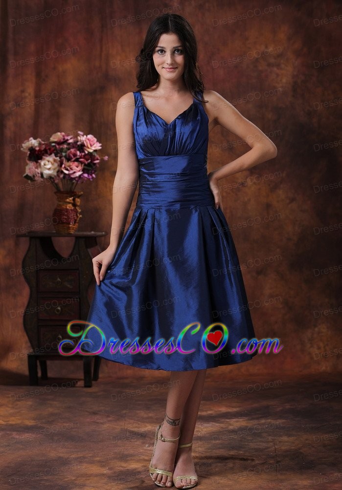 Royal Blue Prom Dress Clearances With V-neck Tea-length