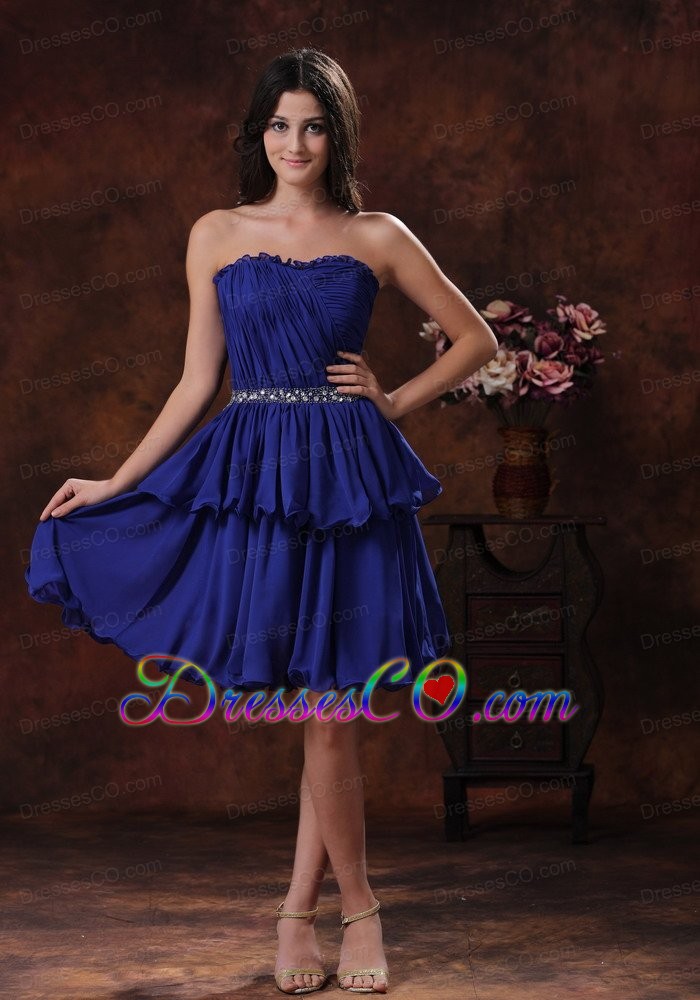Mini-length Navy Blue Chiffon Short Prom Dress For Prom With Beaded Decorate Waist