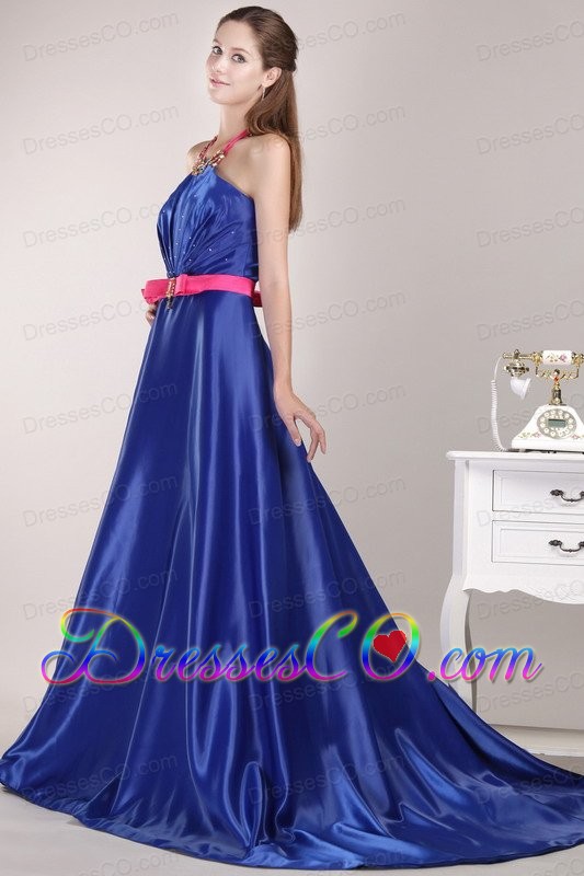 Blue Empire Halter Top Brush Elastic Woven Satin Beading and Sash Prom / Pageant Dress