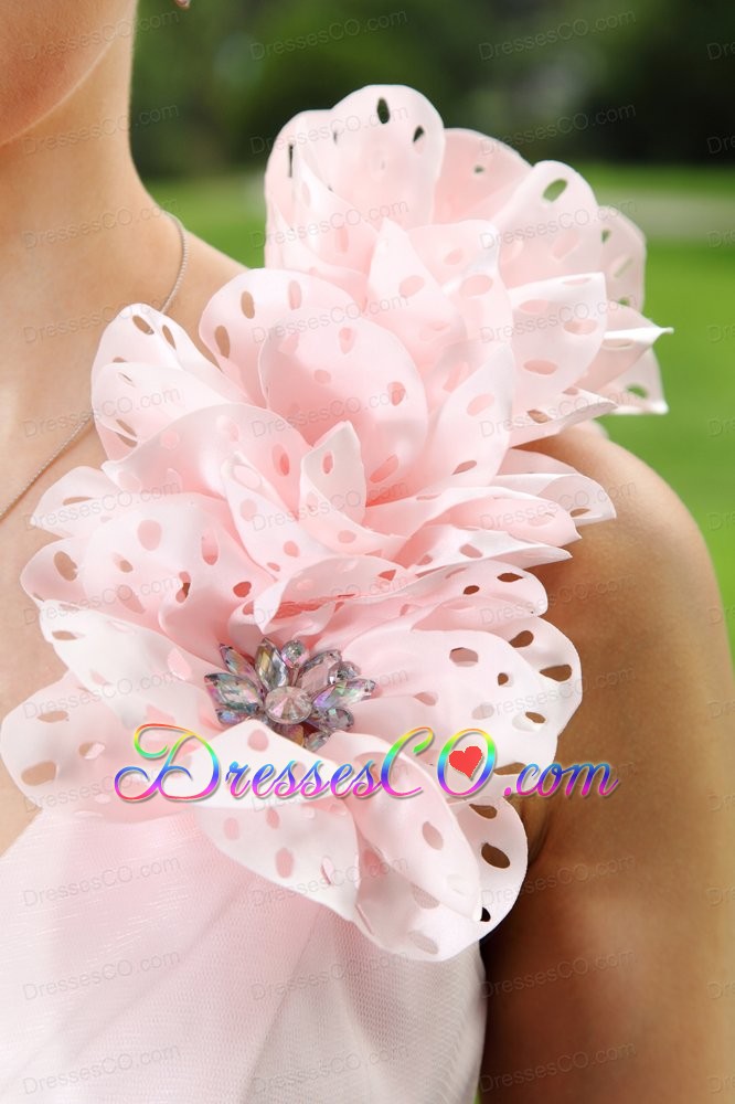 Light Pink A-line One Shoulder Mini-length Tulle Hand Made Flowers Prom / Homecoming Dress