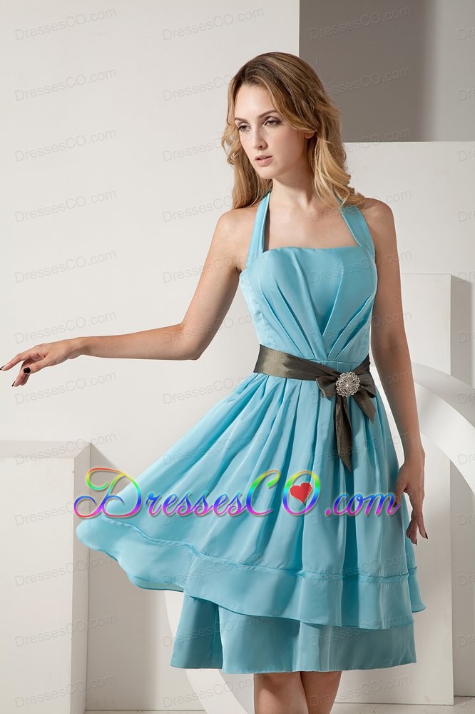 Aqua Blue A-line Halter Knee-length Prom Dress Taffeta Ruched And Bow