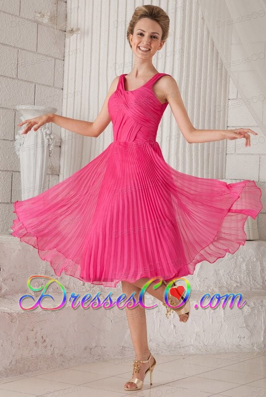Hot Pink Empire Straps Tea-length Organza Pleat Prom / Homecoming Dress
