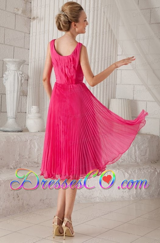 Hot Pink Empire Straps Tea-length Organza Pleat Prom / Homecoming Dress