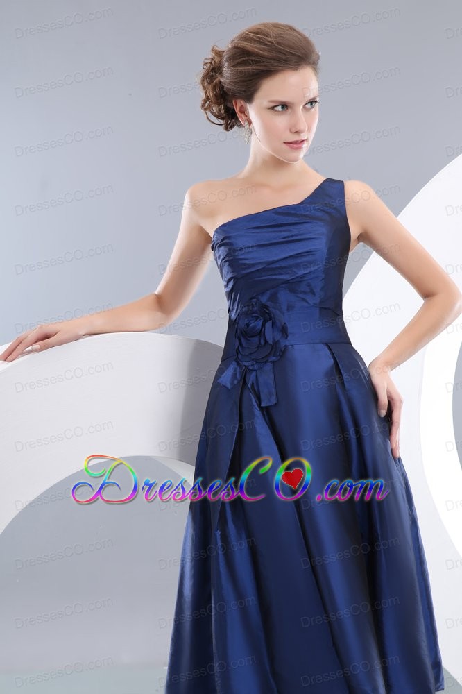 Navy Blue Empire One Shoulder Knee-length Taffeta Hand Made Flowers Prom / Homecoming Dress