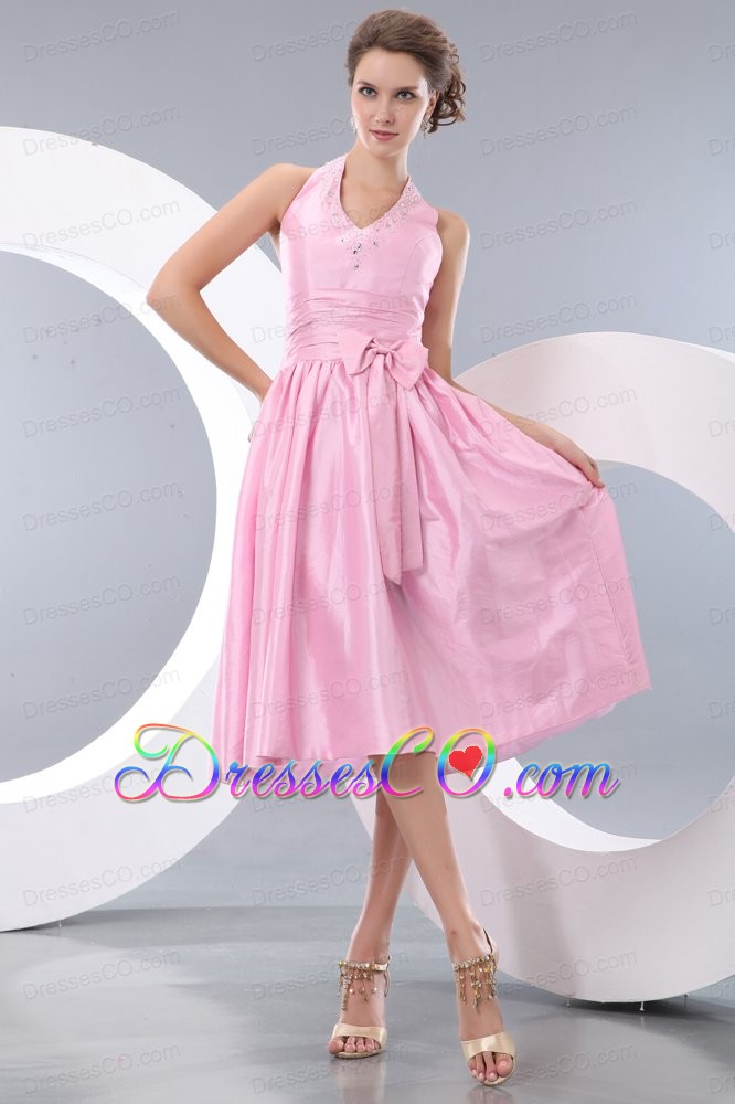 Exquisite Pink Junior Prom / Homecoming Dress Empire Halter Tea-length Taffeta Beading And Bowknot