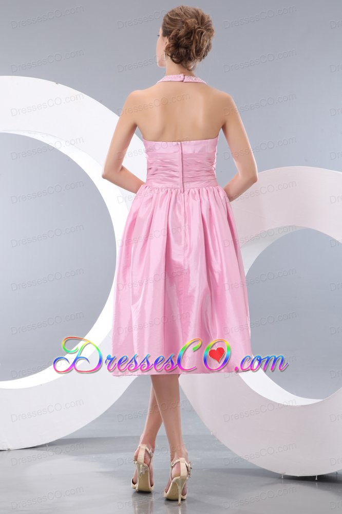 Exquisite Pink Junior Prom / Homecoming Dress Empire Halter Tea-length Taffeta Beading And Bowknot