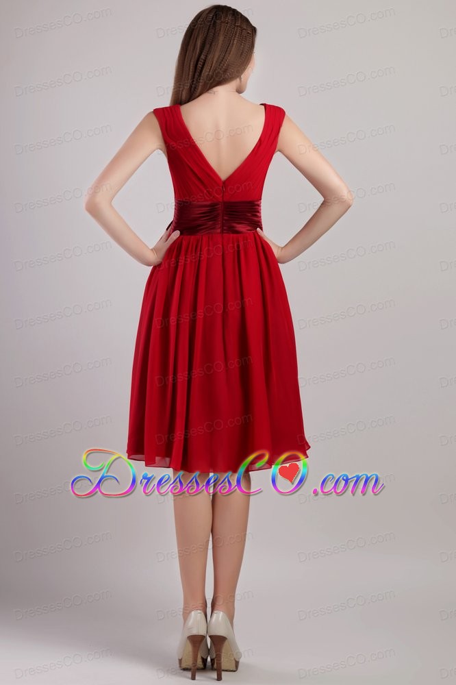 Wine Red Empire V-neck Knee-length Chiffon Sash Prom Dress