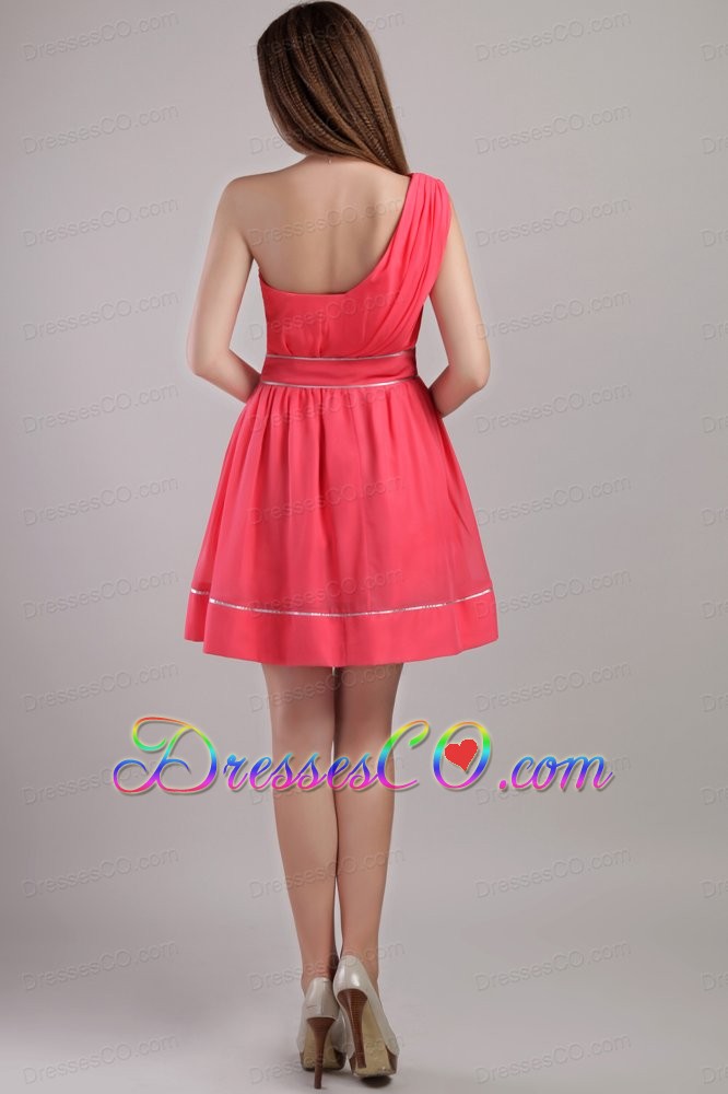 Coral Red A-line One Shoulder Mini-length Chiffon Prom / Cocktail Dress