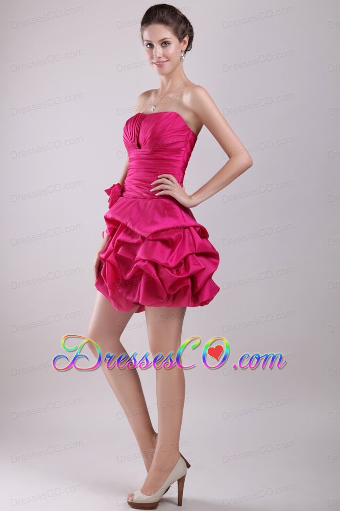 Hot Pink A-line Strapless Mini-length Taffeta Hand Made Flower Prom / Homecoming Dress