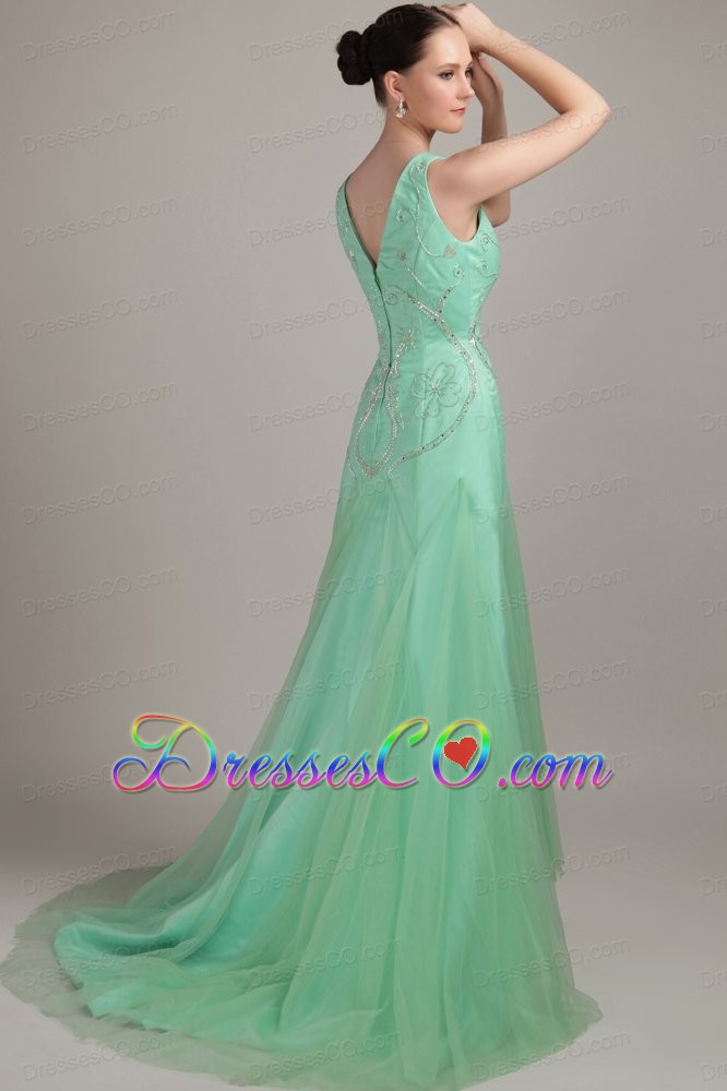 Apple Green Empire V- neck Brush / Sweep Tulle Beading Prom Dress