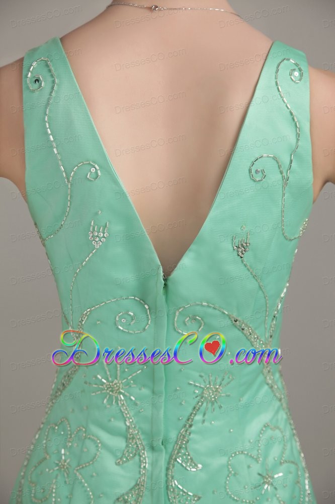 Apple Green Empire V- neck Brush / Sweep Tulle Beading Prom Dress