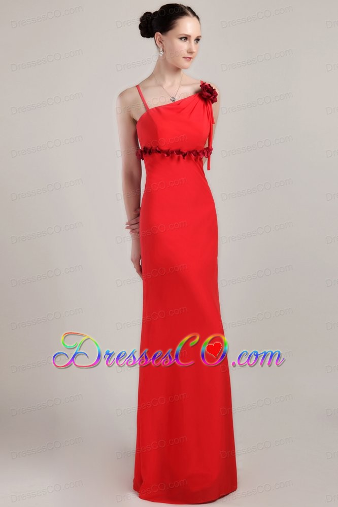 Red Column Straps Long Chiffon Hand Made Flower Prom Dress