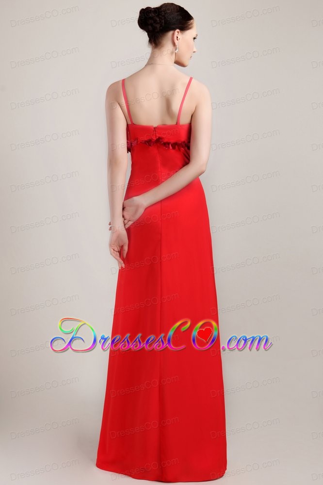 Red Column Straps Long Chiffon Hand Made Flower Prom Dress