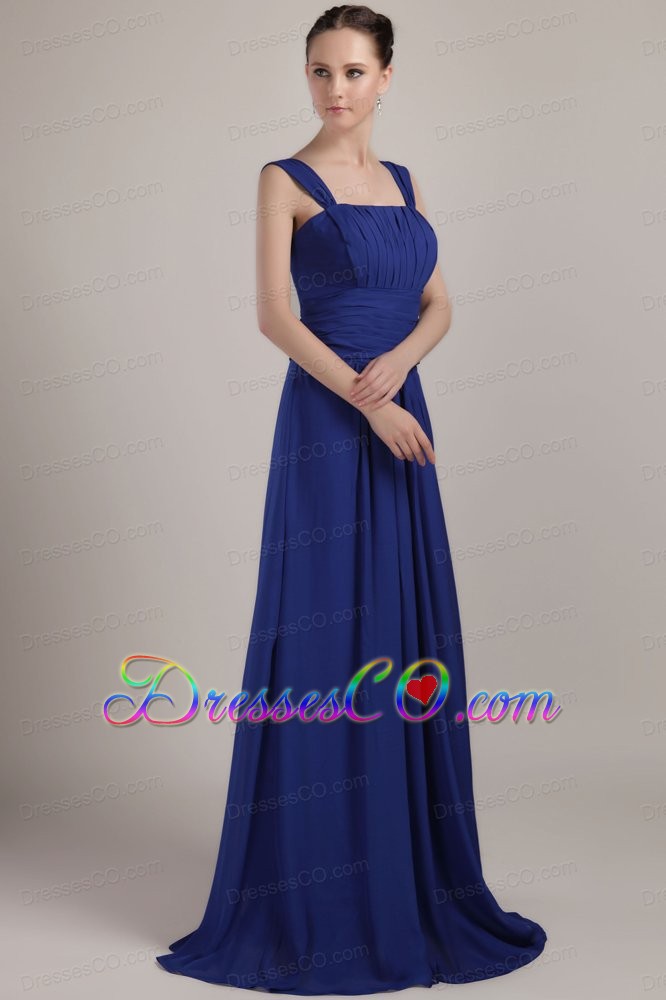 Royal Blue Empire Square Brush Train Chiffon Ruched Prom Dress