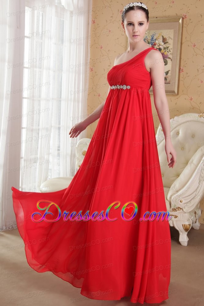 Red Empire One Shoulder Long Chiffon Beading And Ruched Plus Size Prom / Evening Dress