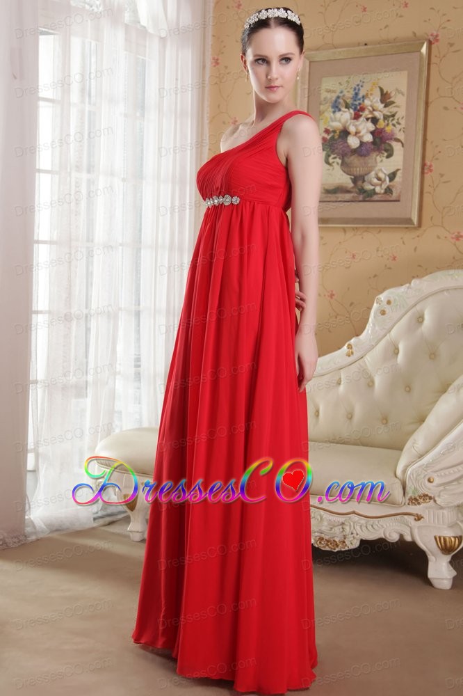Red Empire One Shoulder Long Chiffon Beading And Ruched Plus Size Prom / Evening Dress