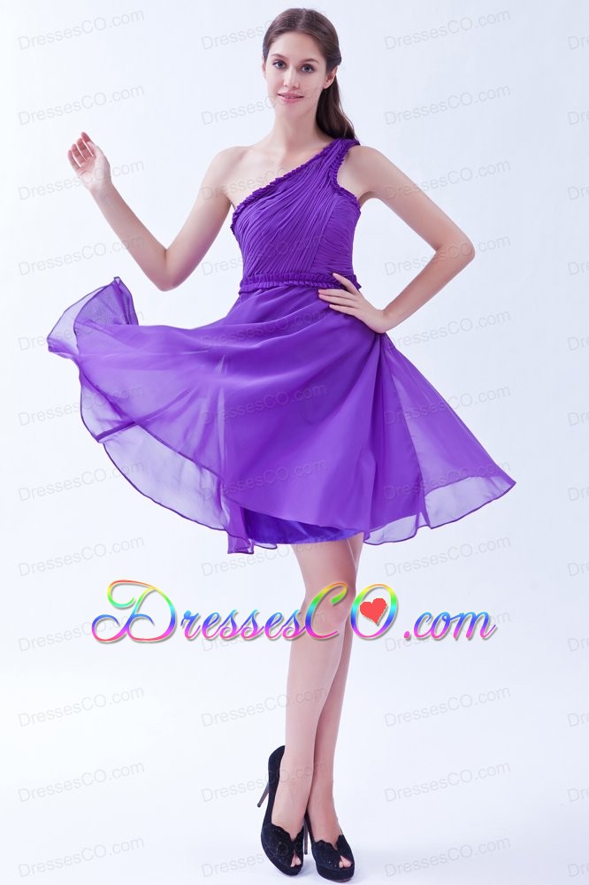 Purple A-line One Shoulder Chiffon Ruched Prom Dress Knee-length