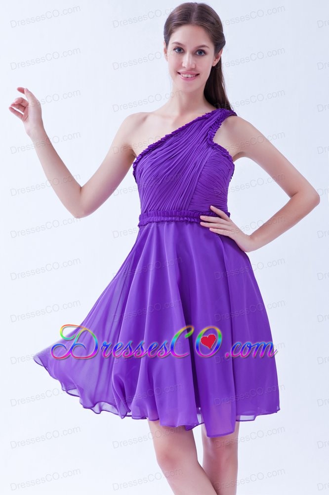 Purple A-line One Shoulder Chiffon Ruched Prom Dress Knee-length