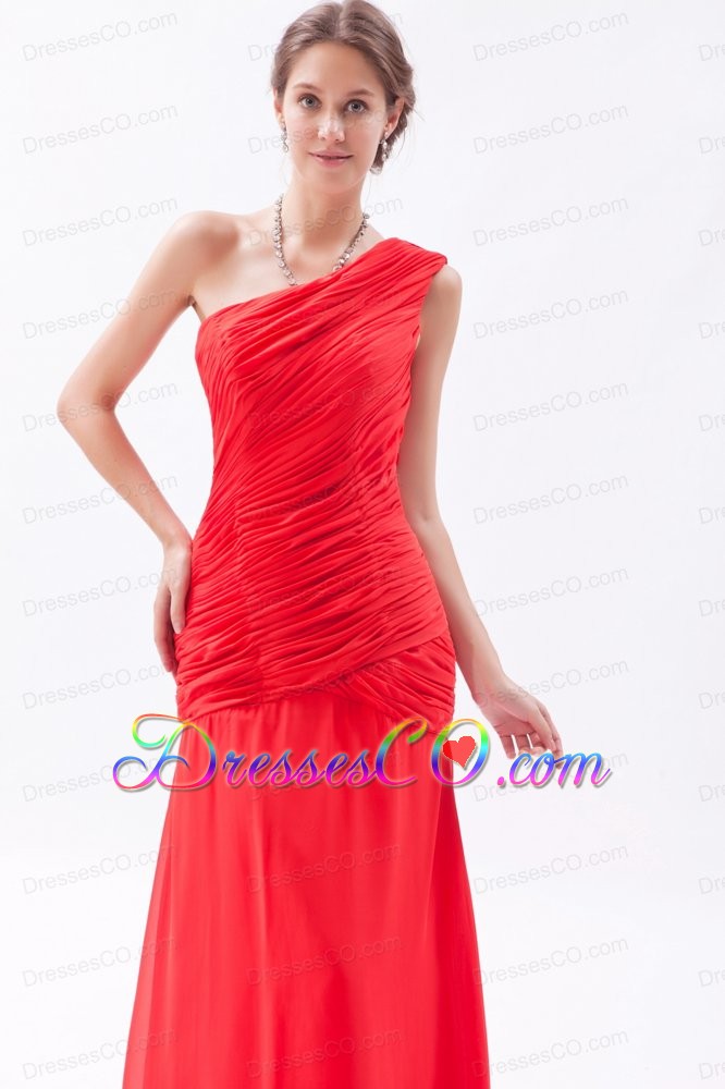 Red Column / Sheath One Shoulder Prom Dress Chiffon Ruched Long