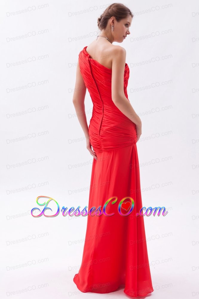 Red Column / Sheath One Shoulder Prom Dress Chiffon Ruched Long