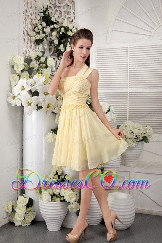 Light Yellow Empire One Shoulder Short Chiffon Pleat Bridesmaid Dress