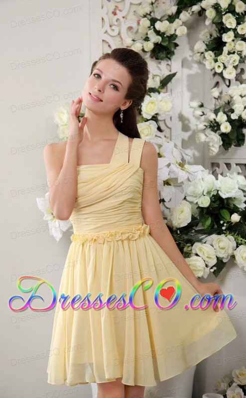 Light Yellow Empire One Shoulder Short Chiffon Pleat Bridesmaid Dress