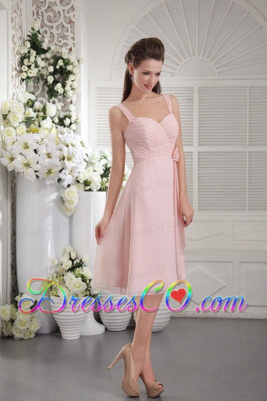Baby Pink A-line / Princess Straps Tea-length Chiffon Hand Flower Prom Dress