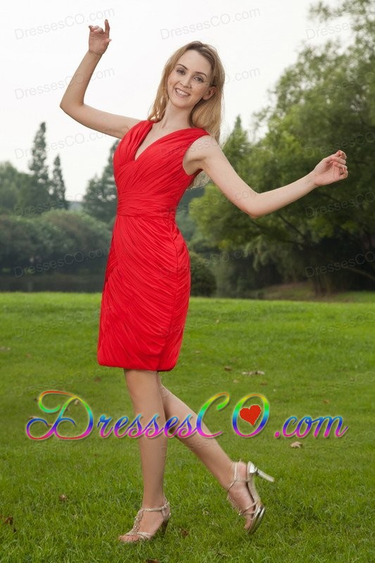 Red Column V-neck Mini-length Chiffon Ruched Prom / Homecoming Dress