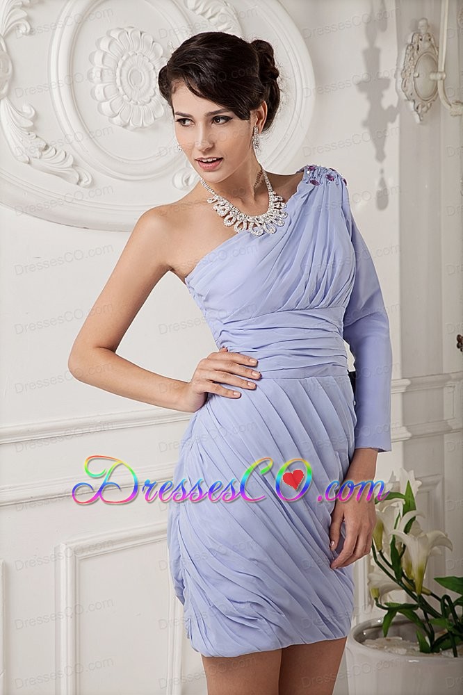 Modern Lilac Homecoming Dress Column One Shoulder Chiffon Beading And Ruched Mini-length