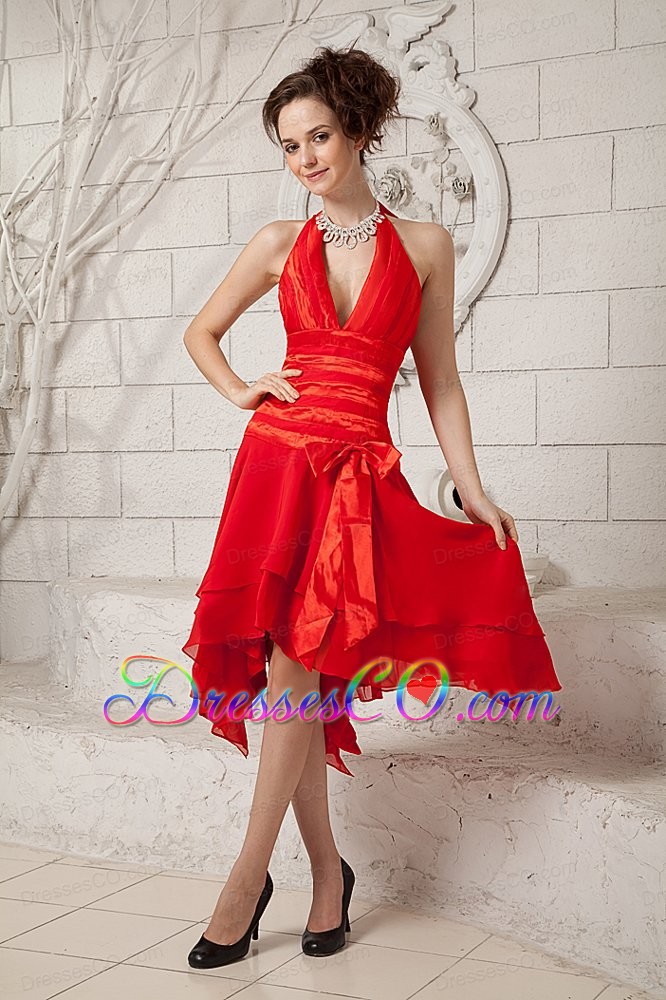 Beautiful Red Empire Halter Prom / Homecoming Dress Chiffon Ruched Tea-length