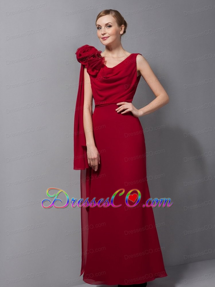 Wine Red Column V-neck Long Chiffon Hand Made Flower Prom Dress