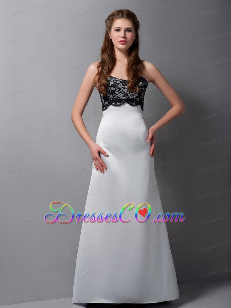 Customize Gray A-line Strapless Lace Bridesmaid Dress Long Satin