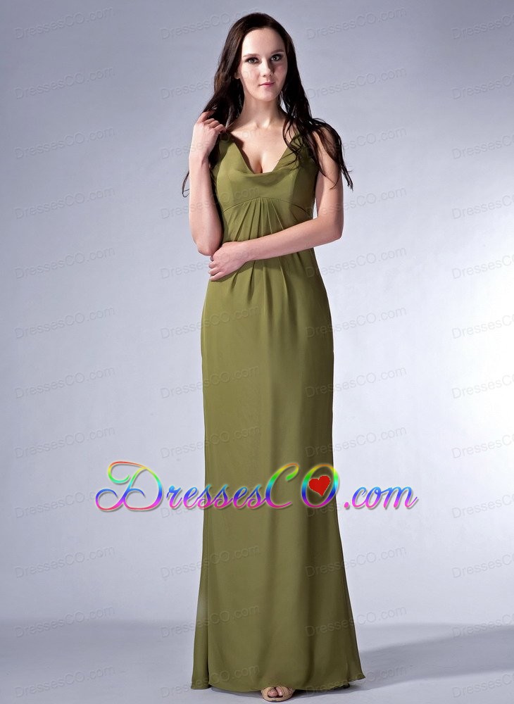 Cheap Olive Green Column V-neck Prom Dress Chiffon Ruche Long