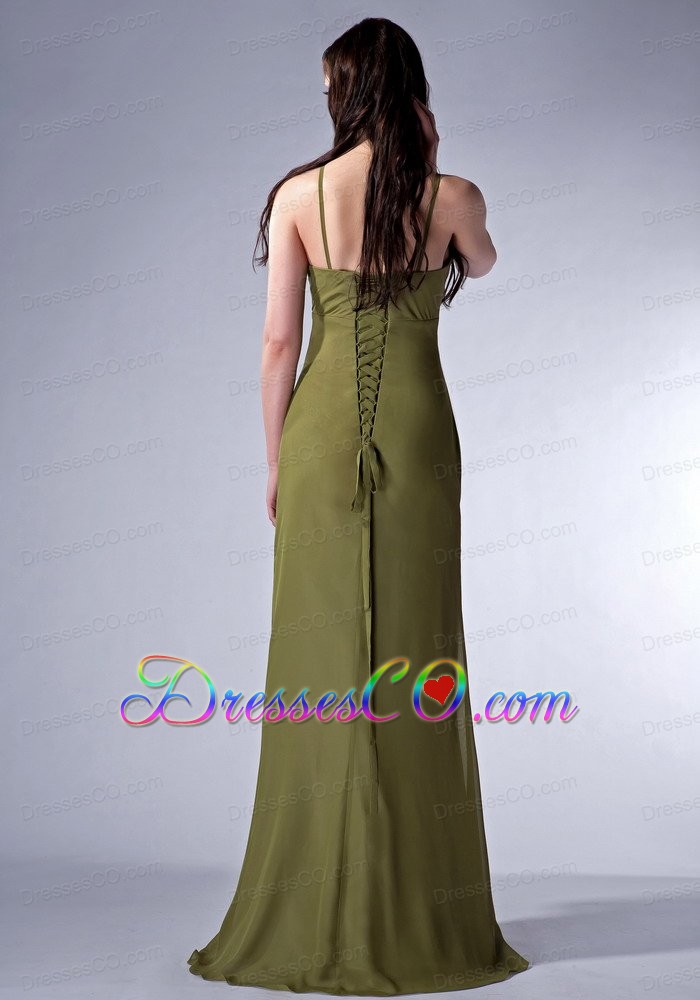 Cheap Olive Green Column V-neck Prom Dress Chiffon Ruche Long