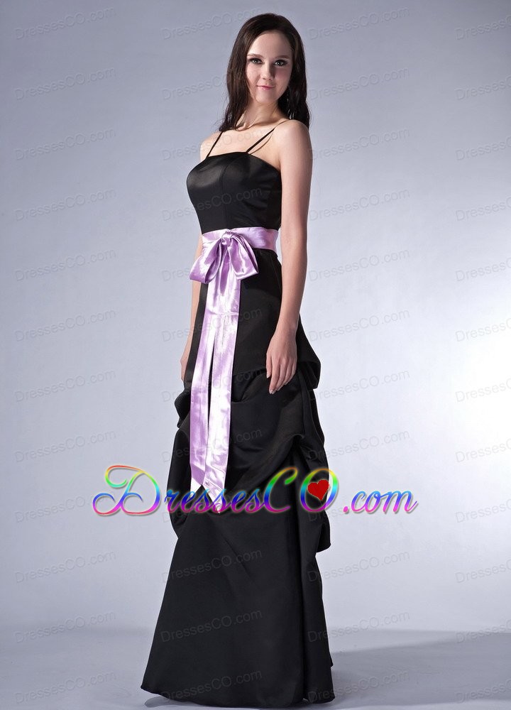 Customize Black Column Spaghetti Straps Prom Dress Satin Sash Long