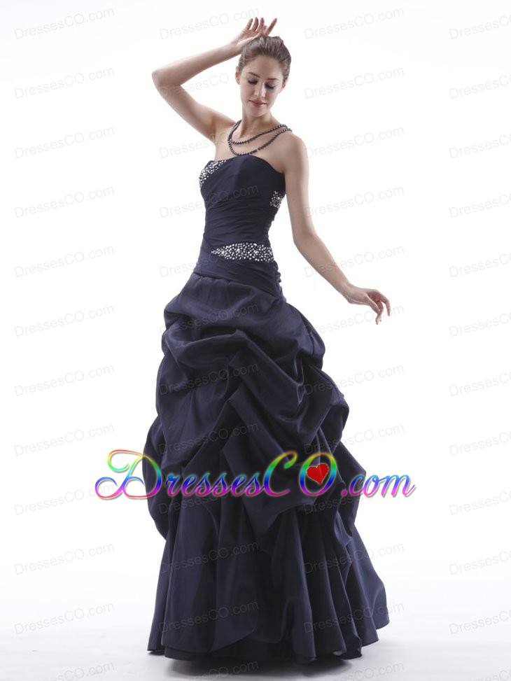 Navy Blue Prom Dress With Beaded and Pick-ups Taffeta Lace-up Black