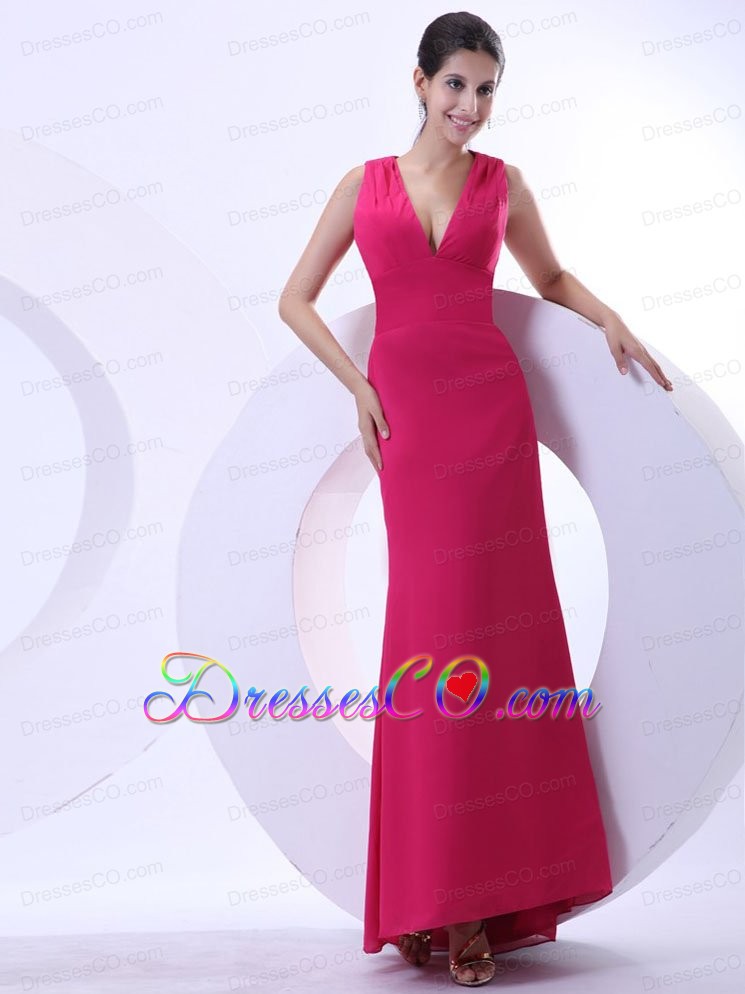 Sexy Prom Dress With Hot Pink V-neck And Ankle-length