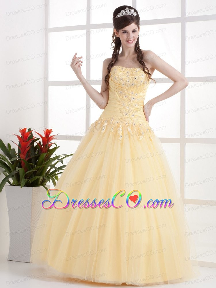 Gold Beautiful Strapless Prom Dress Appliques And Ruches With Long