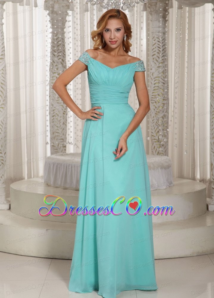 Simple Aqua Blue Off The Shoulder Ruched Bodice Customize Prom Dress With Beading Chiffon 2013