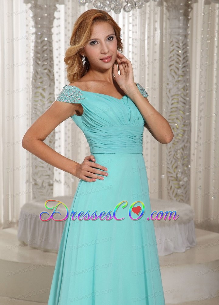Simple Aqua Blue Off The Shoulder Ruched Bodice Customize Prom Dress With Beading Chiffon 2013