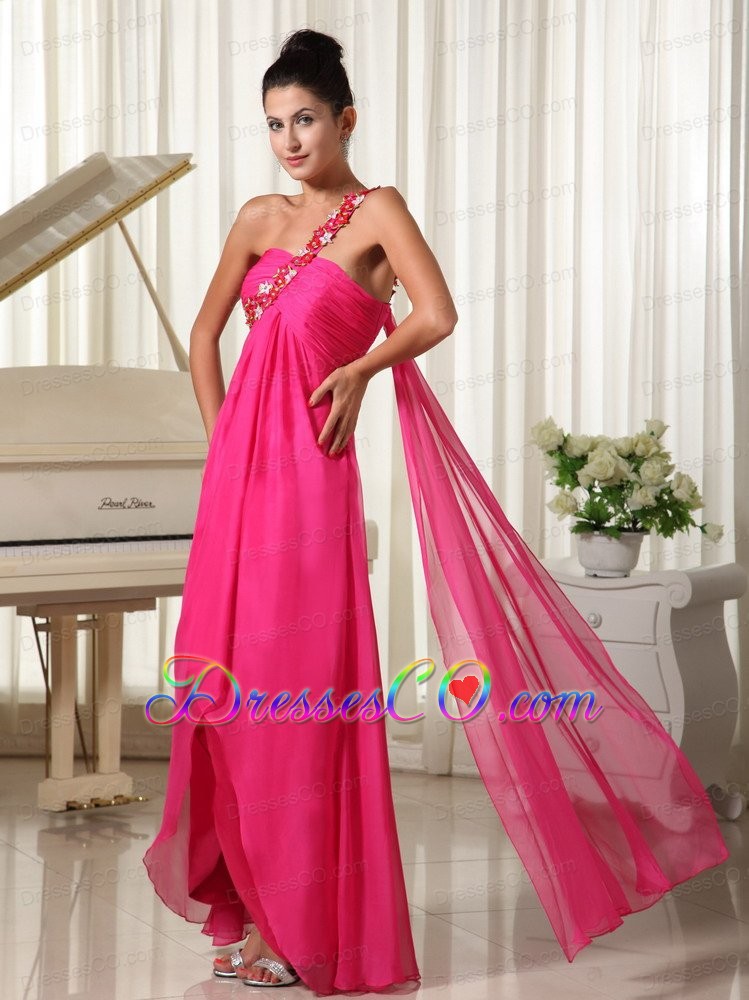 Appliques Decorate Shoulder Hot Pink High-low Prom Dress With Watteau Train