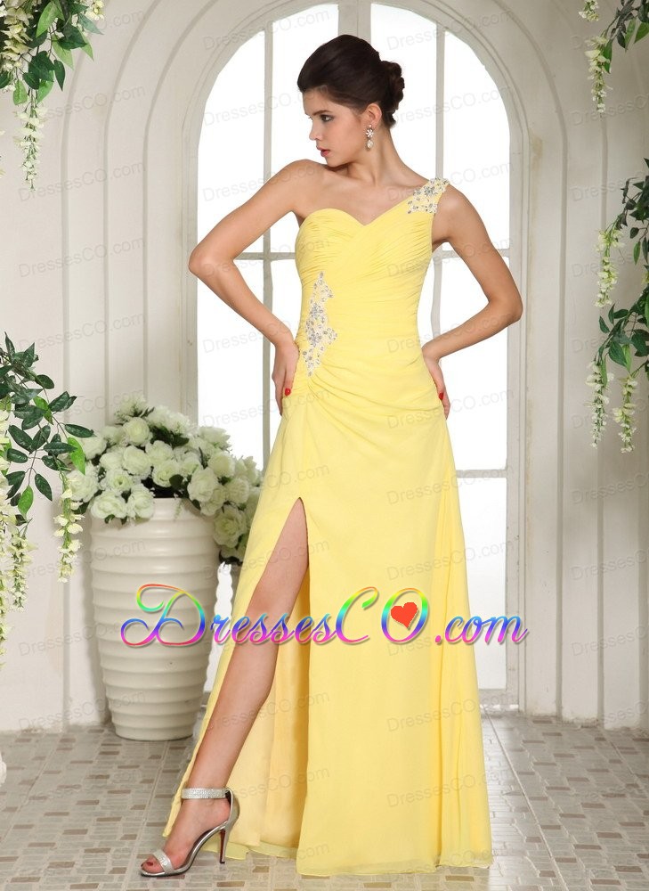 Stylish Light Yellow One Shoulder High Slit Prom Dress With Appliques and Ruches
