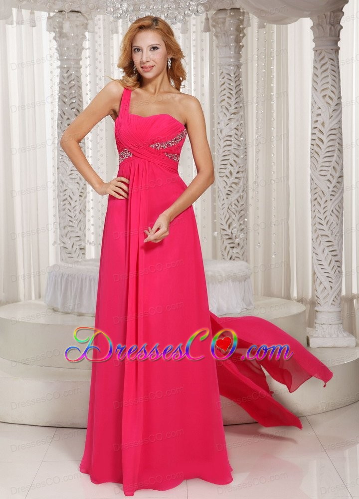 One Shoulder Ruched Bodice Customize Prom Dress With Beading Chiffon Watteau Train